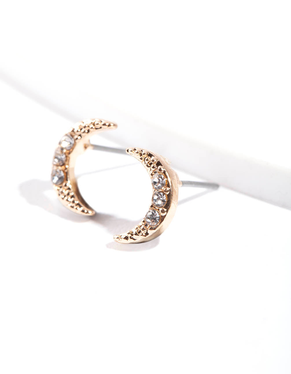 Gold Pave Diamante Crescent Moon Stud Earrings