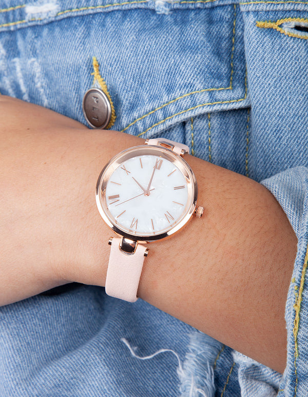 Pink Pearl PU Strap Watch