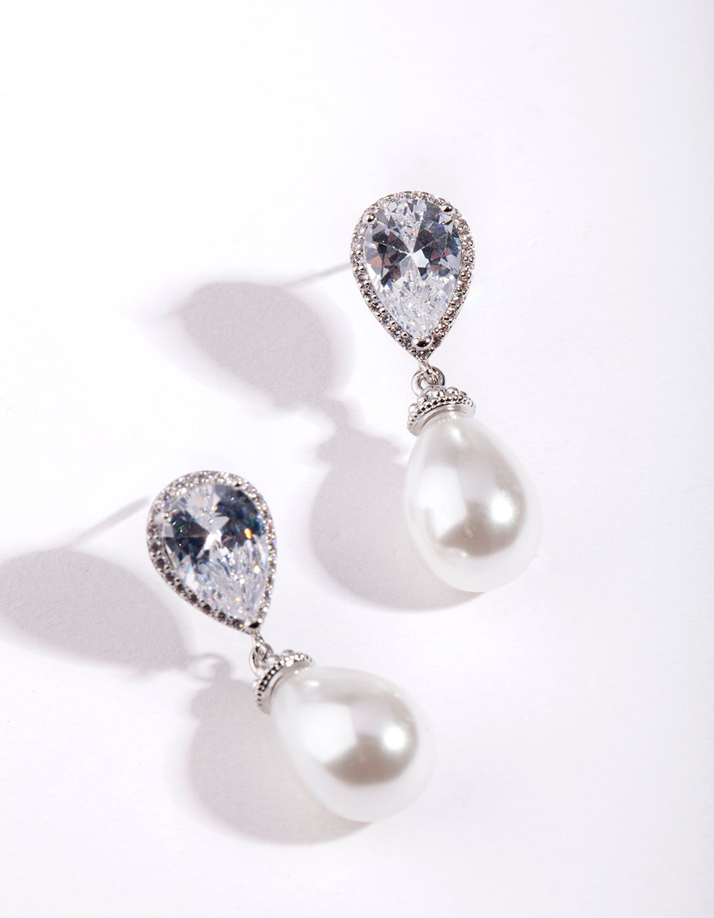 Silver Diamond Simulant Pearl Drop Earring