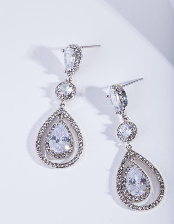 Silver Diamond Simulant Graduated Crystal Teardrop Earrings