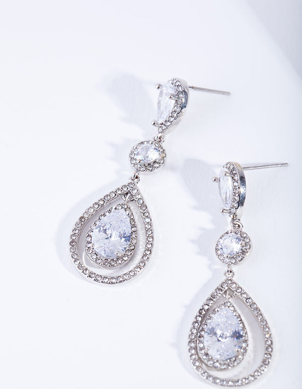 Silver Diamond Simulant Graduated Crystal Teardrop Earrings