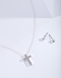 Silver Diamante Cross Necklace Earrings Set - link has visual effect only