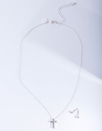 Silver Diamante Cross Necklace Earrings Set - link has visual effect only