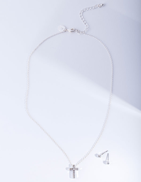 Silver Diamante Cross Necklace Earrings Set