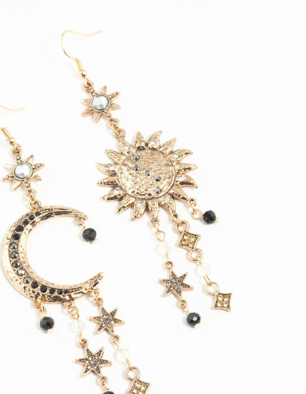 Antique Gold Celestial Grey Black Gem Earrings
