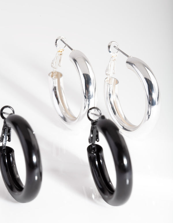 Black Silver Hoop Earrings Duo