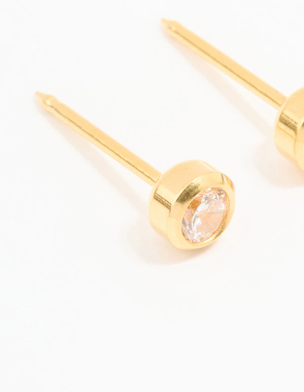 24KT Gold Plated Surgical Stainless Steel 3MM Cubic Zirconia Bezel Piercing Stud