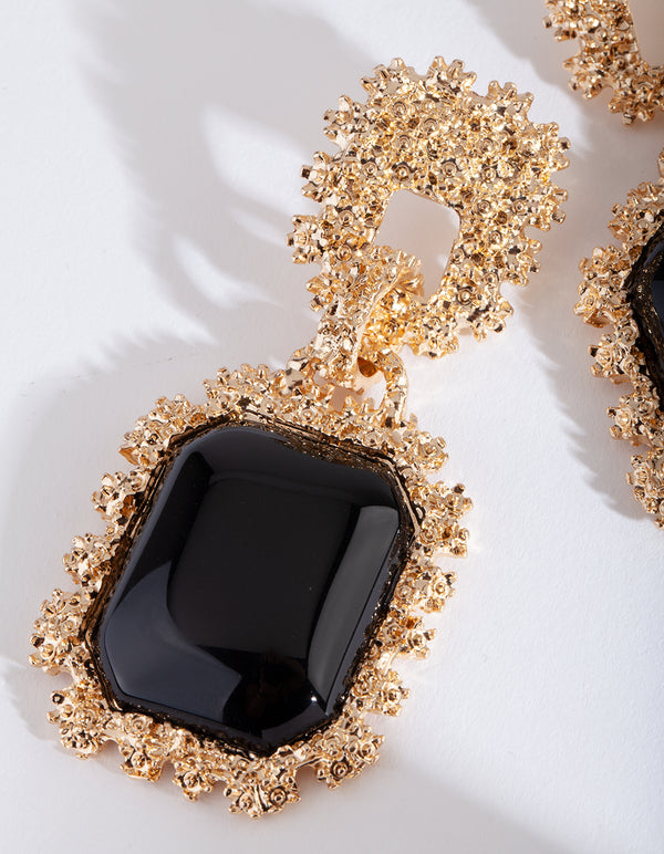 Gold Textured Black Enamel Drop Earrings