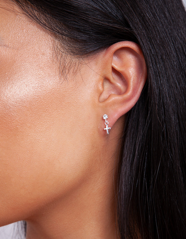 Sterling Silver Mini Cross Diamante Earrings