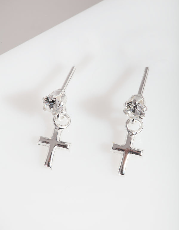 Sterling Silver Mini Cross Diamante Earrings