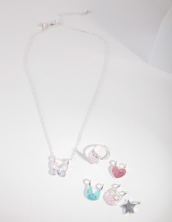 Kids Silver Multi Charm Ring Necklace Set