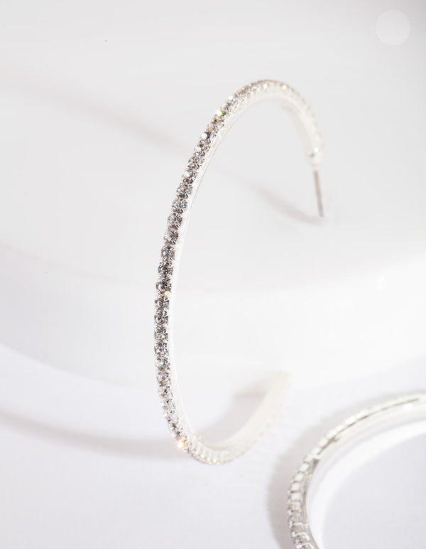 Silver Fine Diamante Hoop Earrings