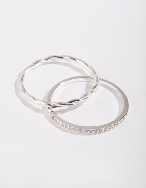 Sterling Silver Cubic Zirconia & Twisted Ring Stack
