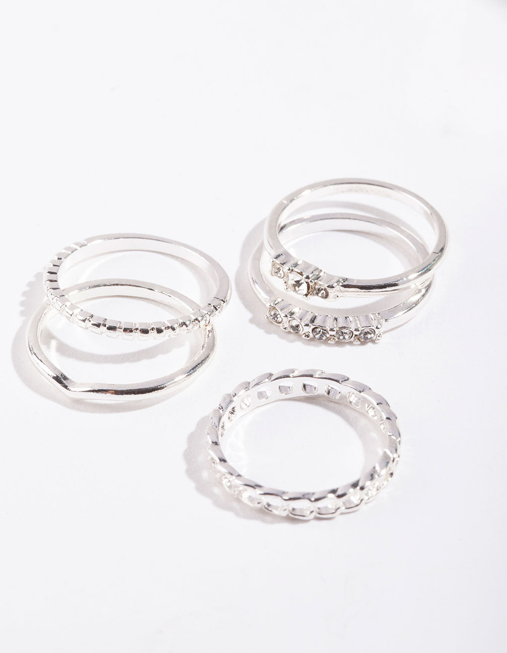 Silver Diamante & Chain 5 Stack Ring