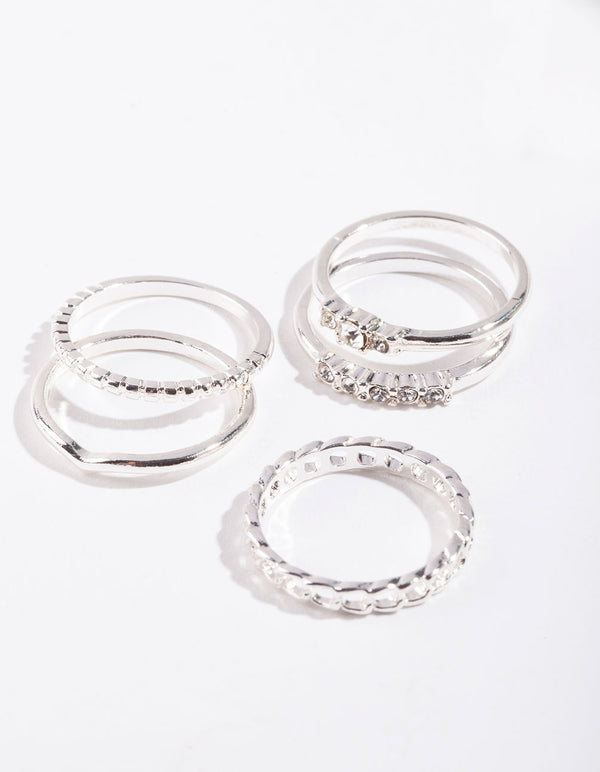 Silver Diamante & Chain 5 Stack Ring