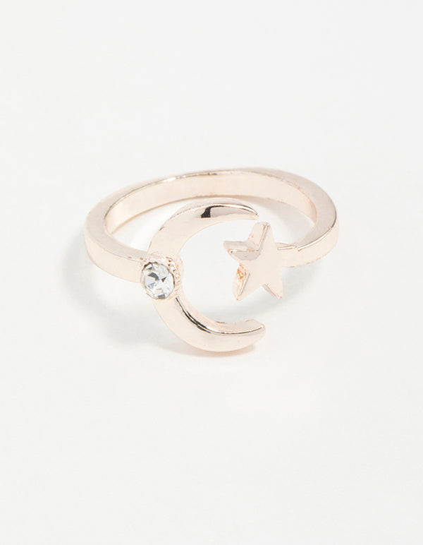 Rose Gold Open Moon Star Ring