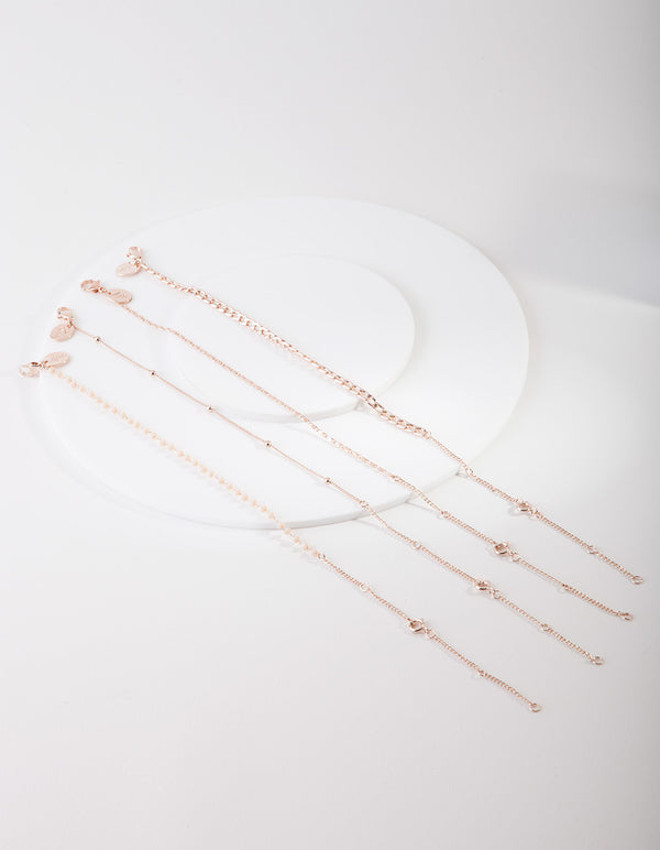 Rose Gold Mix Chain Bead Anklet Bracelet 4-Pack