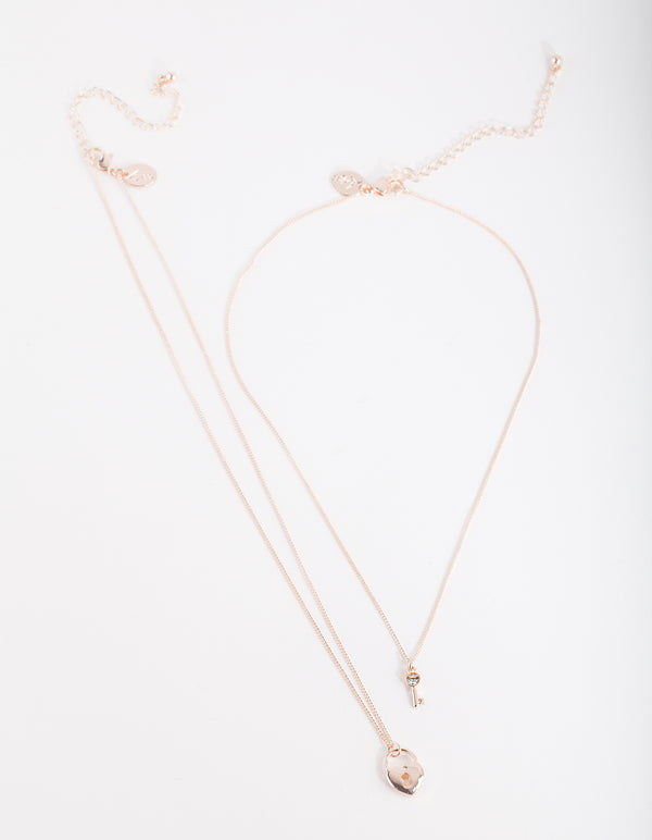 Rose Gold Lock Key Necklace Duo
