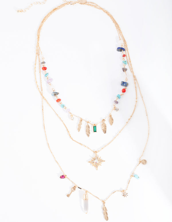Gold Multi Layered Stone Charm Necklace
