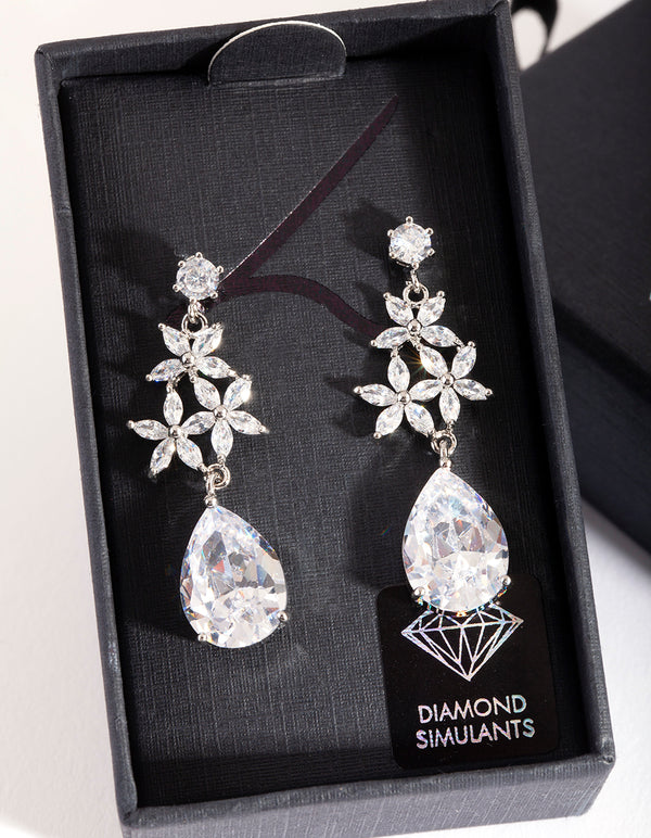 Silver Diamond Simulant Flower Teardrop Earrings