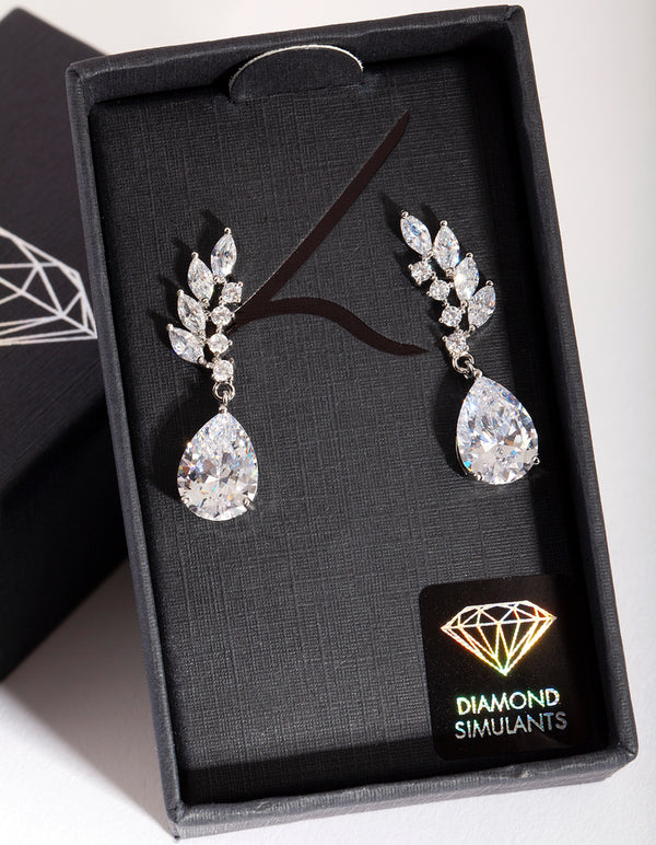 Silver Diamond Simulant Leaf Crawler Earrings