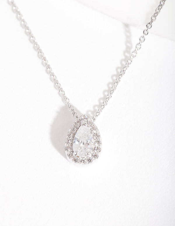 Sterling Silver Cubic Zirconia Pear Halo Necklace