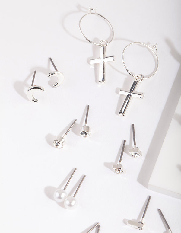 Silver Cross & Moon Earring 12-Pack