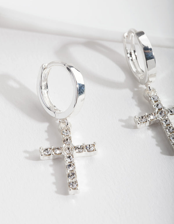 Silver Diamante Cross Huggie Earrings