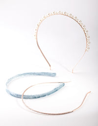 Rose Gold Pearl Blue Velvet Headband Pack - link has visual effect only