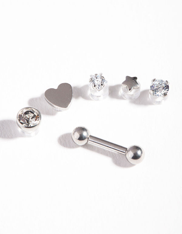 Surgical Steel Cubic Zirconia Heart Barbell 6-Pack