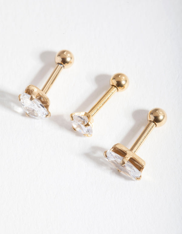 Gold Cubic Zirconia Multi-Cut Stone Barbell Earring Pack
