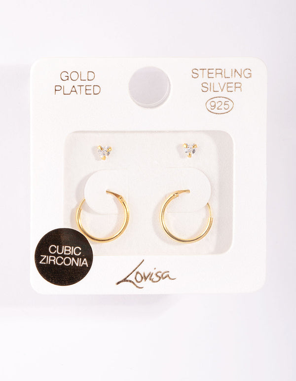 Gold Plated Sterling Silver Cubic Zirconia Heart Stud Hoop Earring Pack