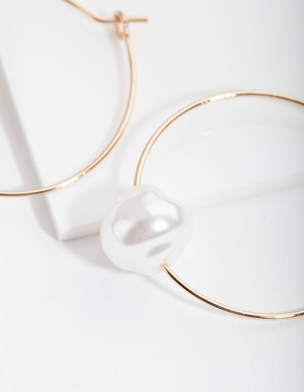 Gold Single Pearl Hoop Earrings