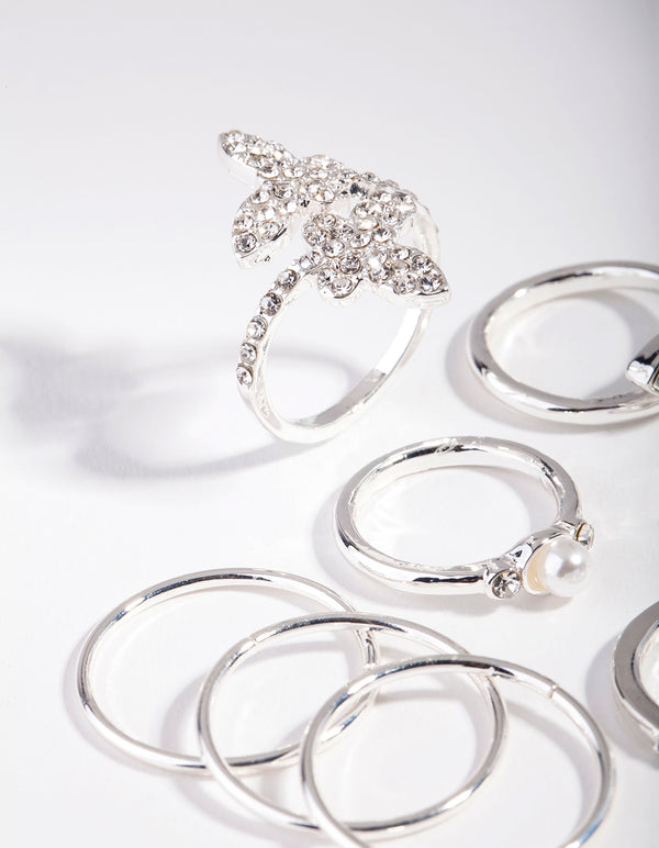 Silver Butterfly Diamante Ring 8-Pack