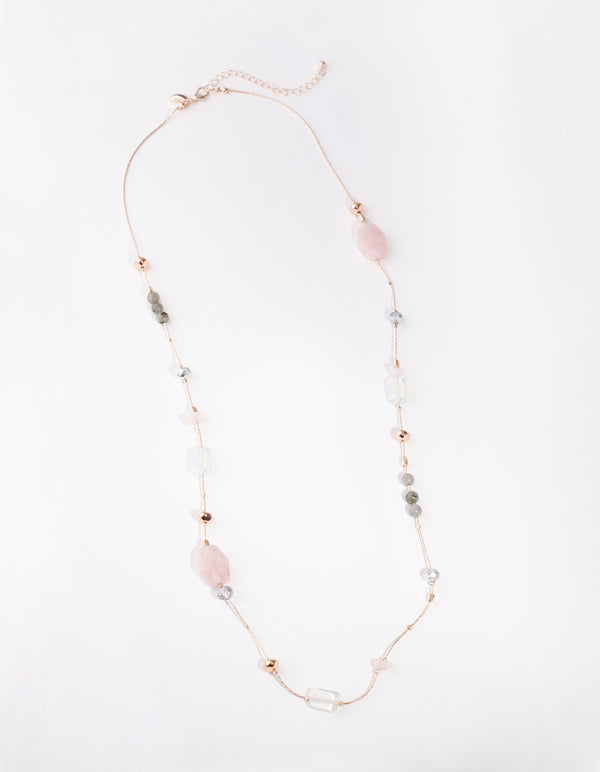 Rose Gold Mixed Rose Quartz Long Semi-Precious Necklace