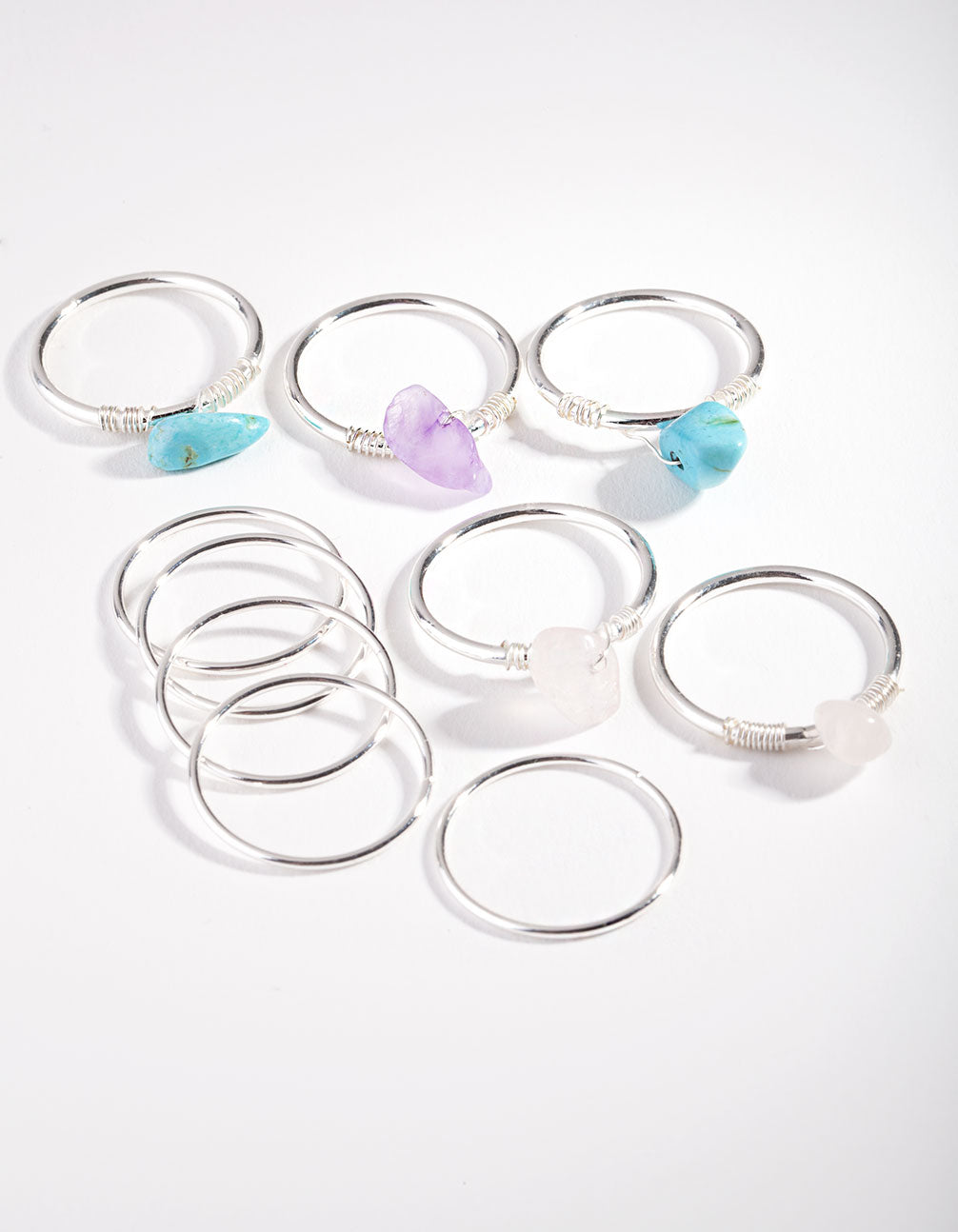 Silver Rose Quartz, Turquoise, Amethyst Fine Multi Ring Pack