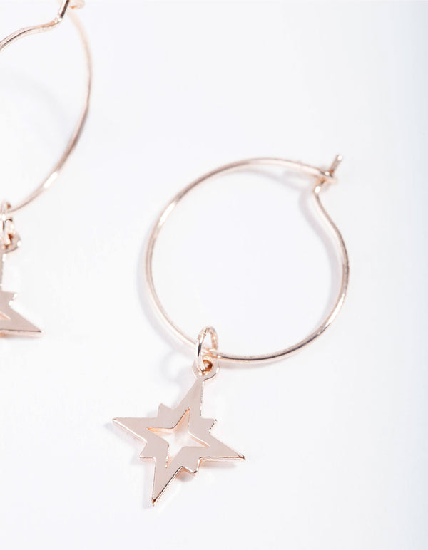 Rose Gold Fine Star Charm Hoop Earrings