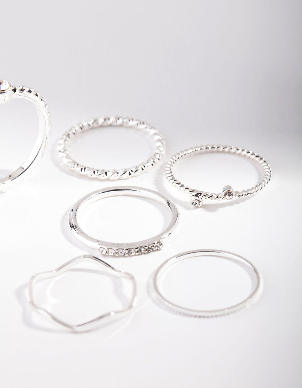 Silver Diamante Mixed Band Ring 6-Pack