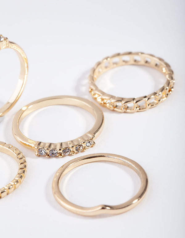 Gold Diamante & Chain Ring 5-Pack