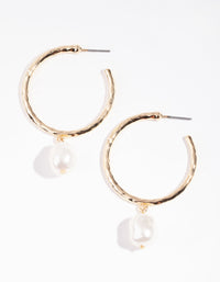 Gold Hammered Pearl Hoop Earrings - link has visual effect only