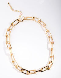 Gold Plated Large Rectangle Link Chain Necklace - link has visual effect only