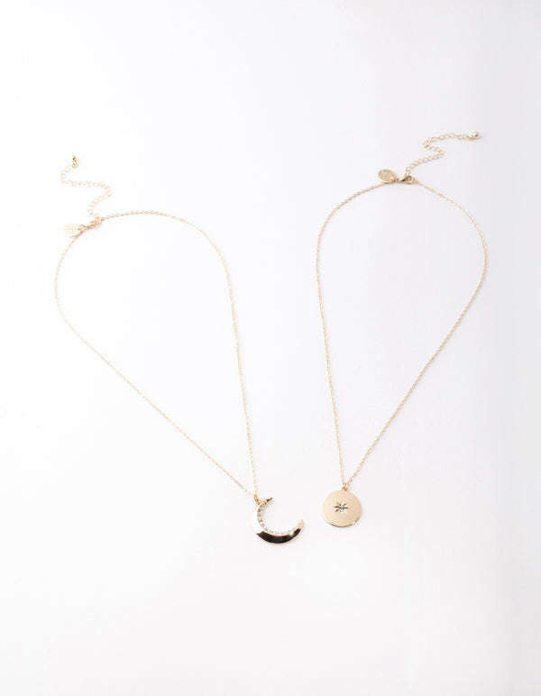 Gold Moon & Star Diamante Necklace Pack