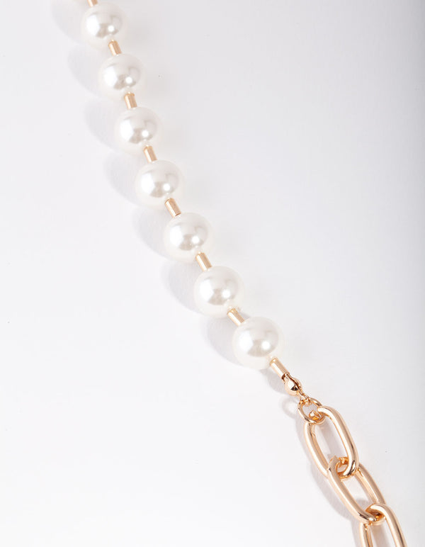 Gold Link & Pearl Padlock Necklace