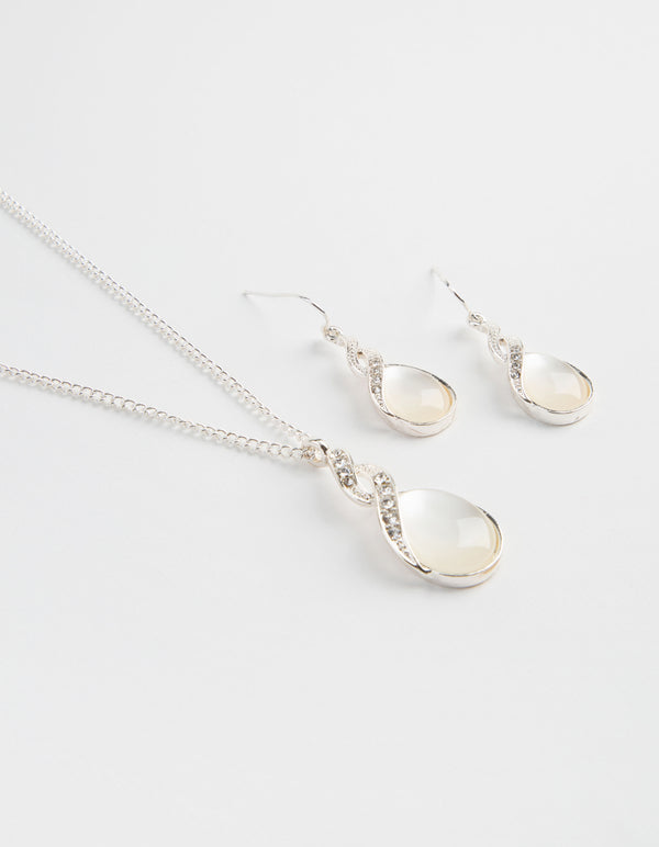Silver Teardrop Cat Eye Necklace & Earrings Set