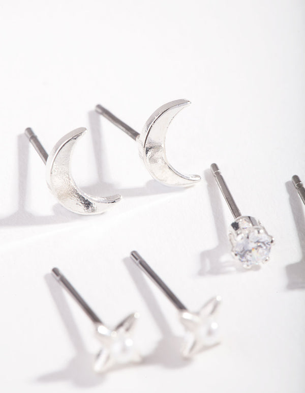 Silver Crescent Moon Pearl Micro Ear Stacker