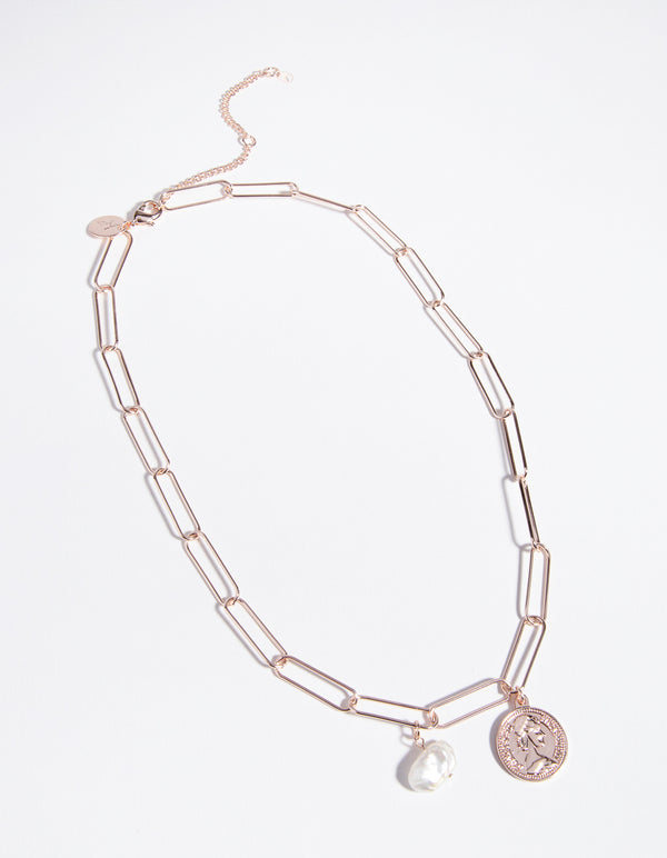 Rose Gold Rectangle Pearl Necklace