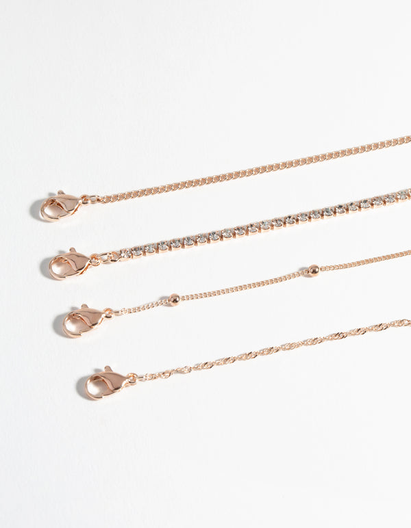 Rose Gold Diamante Twist Bracelet & Anklet 4-Pack Set