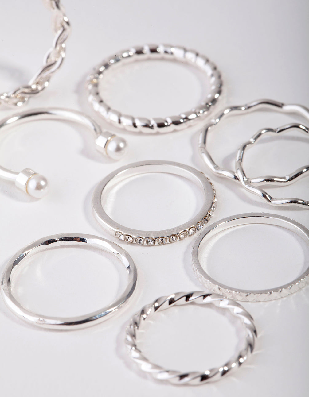 Silver Wave & Pearl Midi 9-Pack Rings