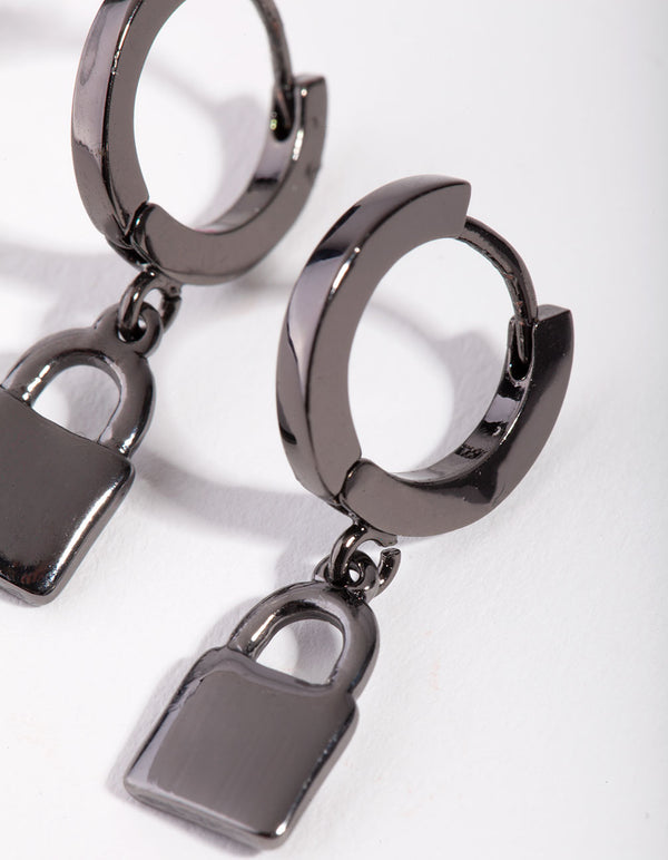 Gun Metal Padlock Huggie Earrings