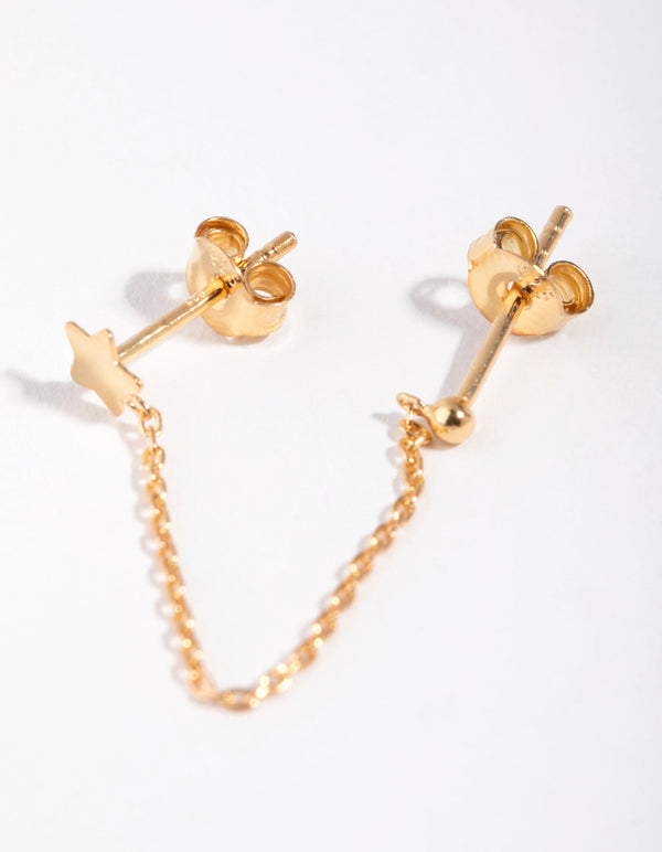 Gold Plated Sterling Silver Star Chain Double Stud Earrings